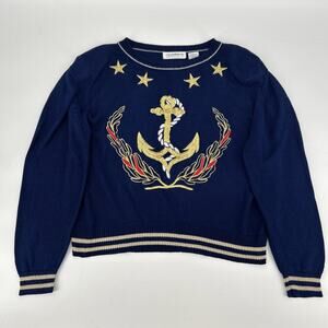 Vintage Liz Claiborne Sweater Womens SP Nautical Anchor Sailor Embroidered 90s